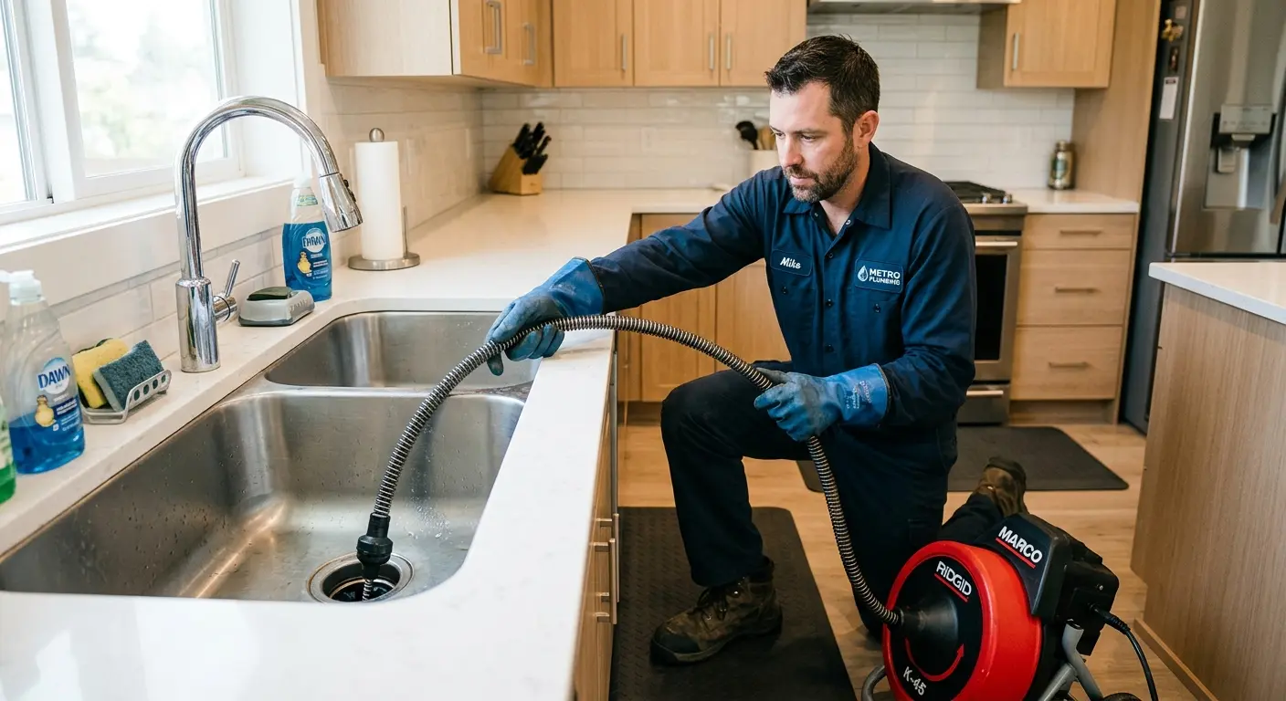Drain cleaning technician using a motorized snake on a kitchen sink in Brainerd