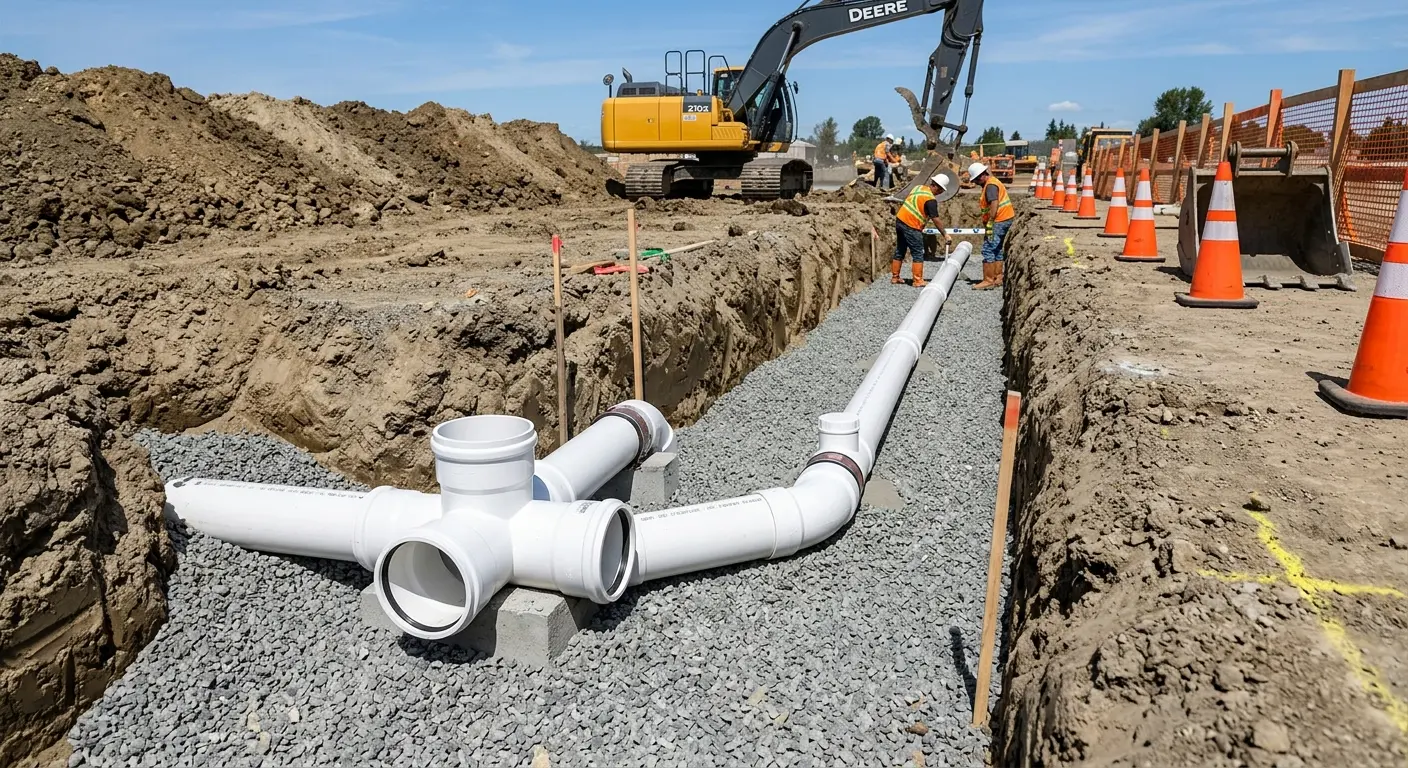 New PVC sewer pipe installation in open trench for Commercial Drain Cleaning in Brainerd