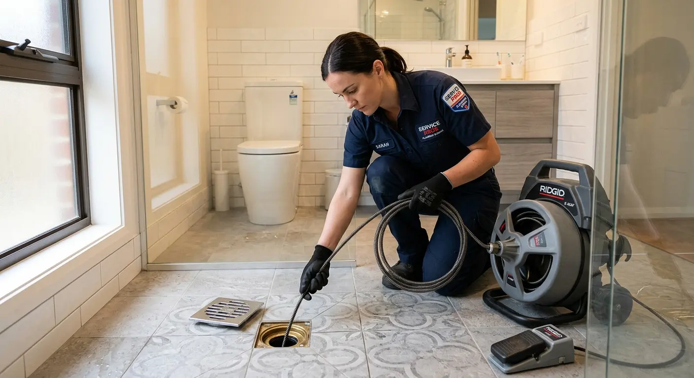 Technician clearing a bathroom floor drain for Sewer Line Replacement in Brainerd